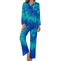 Women's Sleepwear Blue Vibrant Tie Dye Pyjamas Retro Swirl Print Home V Neck Nightwear Lady 2 Pieces Design Long Sleeve Cute Set