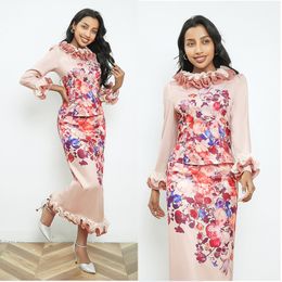 Designer Pink Party Floral Dress Sets Woman Petal Sleeve Slim Satin Top and Wrap Hip Split Skirt Ballgown Two Piece Set 2024 Spring Fall Chic Vacation Fit Runway Suits