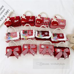 Christmas children red velvet pearls chain handbags girls flower plaid Bows rabbit applique single shoulder bag kids plush messenger bags Z6096