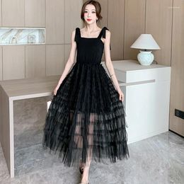 Casual Dresses Runway Summer French Vintage Black Elegant Suspenders Sling Mesh Patchwork Women's Lace Cake Dress Vestido