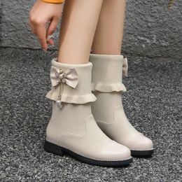 Boots Sweet Butterfly-knot Pearls Chain Ankle Girls Low Heel Turned-edge Party Princess Shoes White 2023 Autumn Winter 7-12 Y