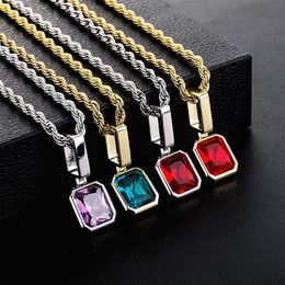 High Quality Yellow Gold Plated Blue Red Purple Bling Ruby Pendant Necklace with 24inch Rope Chain for Men Women Hip Hop Jewelry253K