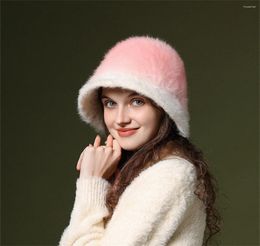 Berets Ombre Fur Bucket Cap Autumn Winter Gradient Warm Fisherman Hat Women Outdoor Cycling Cold Ear Protection Female