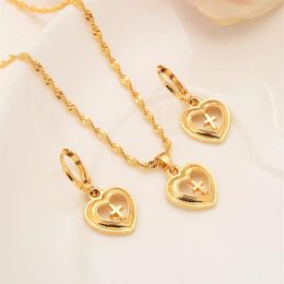 Europe women Jewellery set 18 k Fine Solid Gold filled heart cross Pendant Necklaces Earrings Ring Bridal Wedding Gift273p