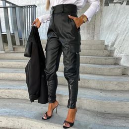 Men's Pants Chic Fashion Button PU Leather Pant Spring Bottoming Zipup Split Trousers Autumn Pockets Slim Bandage Pencil Mujer 231216