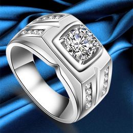 Wedding Rings Male Ring Men Sterling Silver 925 Vintage Mens White Gold Colour Classic Big Stone CZ Fashion Jewelry313W