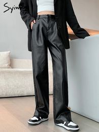 Men's Pants Syiwidii Leather Pant Wide Leg Trousers Korean Style Y2k Fashion Loose High Waisted Elastic Band Pu Baggy 231216