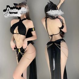 Role Play Women Sexy Cat Cosplay Costumes Black Nightgowns Girl Shiny Halter Hollow Top with Dress Erotic Costume 240110