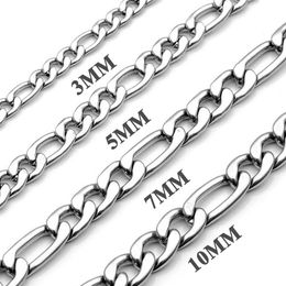 3mm 5mm 7mm 10mm Stainless Steel Flat Figaro Curb Cuban Chain Link for Men Women Necklace 18-30 inch Length with Velvet Bag196R