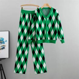 Women's Two Piece Pants Vestidos Autumn Winter Knitted Sweater Tracksuit Women's V Neck Green Argyle Plaid Cardigan Wide Leg Causl 2 PC