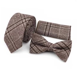 Bow Ties Cotton Nice Tie Set Striped Plaid Brown Gray Green Mens Necktie Handkerchief Fashion Classic Accessory Gift Vintage