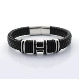 12MM Wide Braided Retro Genuine Leather Bracelet For Men Stainless steel H Bead Bracelets with Magnet Clasp343K