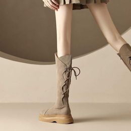 Long Boots Milk Tea Colored Women's Autumn and Winter New Style V-mouth Fashionable Thick Soled Long with Straps