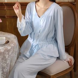 Women's Sleepwear Women Two Piece Set Cotton Pyjamas Spring Autumn Vintage Lace Trim Long Sleeve Robe Trousers Pyjamas Loose Nightwear