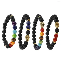 Strand SUNYIK 8mm Black Lava Rock Stone Beaded Bracelet Alloy Buddha Head 7 Chakra Crystal Beads Healing Energy Unisex Jewellery