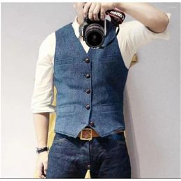 Men's Vests Suit Vest Single Breasted Woolen Blended Denim Jeans Waistcoat Jacket Slim Fit Casual Formal Business