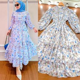 Ethnic Clothing Muslim Women Floral Print Chiffon Maxi Dress Ruffles Abaya Dubai Turkey Kaftan Islamic Arabic Robe Party Gown Jalabiya