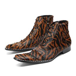 Leopard Horse Hair Rivets Cowboy Casual Short Boots Large Size Men Lace-Up Night Club Party Ankle Boots Botas Para Hombre