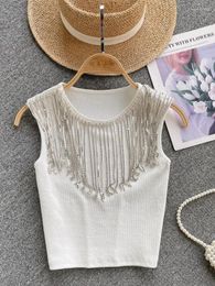 Women's Tanks Summer White Round Neck Sleeveless Diamonds Tassels Knitted Vest Women Black Elegant Versatile Short Tank Tops Simplicity