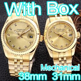Moda masculina relógio de luxo para casais relógios mecânicos relógio de ouro mulheres designer cristal 31mm 38mm relógios safira luminosa à prova d'água para amantes relojmujer