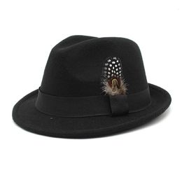 Wide Brim Hats Bucket Whinter Wool Vintage Trilby Felt Fedora Hat with Feather Women Men Church Male Female Autumn Jazz Caps 231216