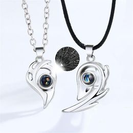 Pendant Necklaces 2pcs Magnetic Heart Couple 100 Languages I Love You Projection Necklace For Women Men Fashion Jewelry262S