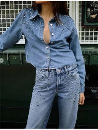 Women's Blouses Autumn Fashion Jewelry Decoration Ladies Blue Denim Short Tops 2023 Casual Single Breasted Long Sleeve Womens Shirts Blouse