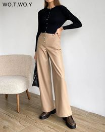 Men's Pants WOTWOY High Waisted Elegant Loose Leather Pant 2023 Spring PU Wide Leg Female Casual Black Khaki Trousers 231216