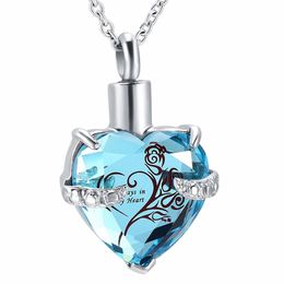 Cremation memorial urn necklace crystal heart stainless steel to keep human ashes or pet ashes memorial pendant necklace257S