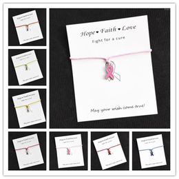 Whole Hope Pink Ribbon Breast Cancer Awareness Charms Wish Card Charm Bracelet For Women Men Girls Friendship Gift 1pcs lot12087