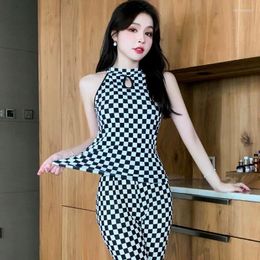 Women's Two Piece Pants 2023 Summer Fashion Women Set Plaid Sleeveless High Waist Milk Silk Female Vest Slim Casual Outfit Suits W22