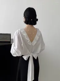Women's Blouses Korejepo White Bat Sleeved Shirts Ruffled Lace Up Beautiful Shirt Women High Street European Unique Design Casual Versatile