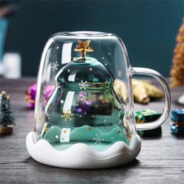 Mugs 300ML Christmas Tree Mug Heat Resistant Double Wall Glass Cup with handle Snowflake Coffee Lid Drinking Xmas Gift 231216