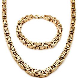New Men 18K Gold Plated Stainless Steel Wide Byzantine Necklace Bracelet Set2624