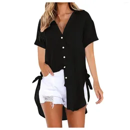 Women's Blouses Blouse Dress Ladies Long T Shirt Loose Cotton Button Mid-Length Shir Coat Tunic Korean Style Clothes