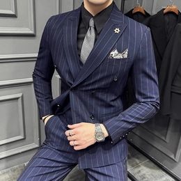 Men's Suits Jacket Pants 2 Piece Set For Men 2024 Brand Slim Business Mens Dress Wedding Groom Party Striped Costume Homme Plus Size