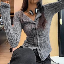 Women's Knits Knit Cardigan Y2k Korean Clothes Women Collar Sweater Coat V Lapel Long Sleeve Knitted Elegant Slim Jumper