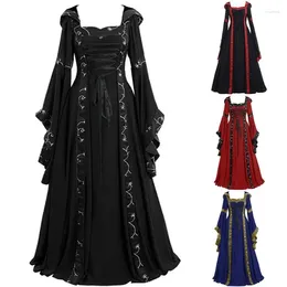 Casual Dresses 2024 Autumn Winter Mediaeval Retro Hooded Dress Square Collar Lace Up Bell Sleeve Swing