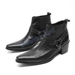 Botas Para Hombre Designer Black Party Dress Shoes Male Buckle Short Boots Large Size Pointed Toe Men Real Leather Ankle Boots