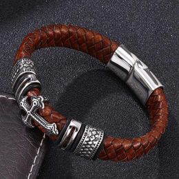 Quality Vintage Men Jewelry Brown Braided Leather Cross Bracelet Stainless Steel Magnetic Clasp Mens Handmade Bangles Bangle255R