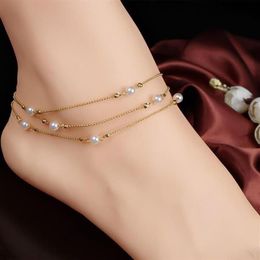 Vintage Women Faux Pearl Beaded Multi Layers Ankle Bracelet Anklet Beach Jewelry Woman's Accesories Anklets290T