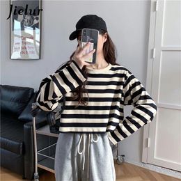 Women's Hoodies Spell Colour Striped Sweatshirt Harajuku Korean Style Fashion Loose Thin Female Pullover Autumn Cropped Hoodie M-XL