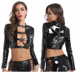 Sexy Set Latex Bandage Lingerie Hollow Out Bare Chestg Leotard Women's Leather Jacket Bondage SM Suit Erotic Female Bodysuit Sex 231216