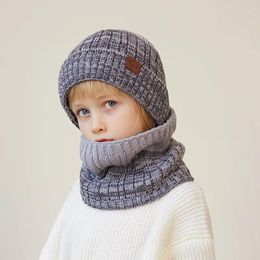 Berets Winter Warm Knitted Hat Scarf Set For Children Thick Fleece Beanies Kids Neck Snow Ski Cap Boys Outdoor Winproof Bonnet