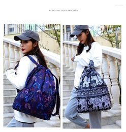 School Bags Flower Cloth Drawstring Pocket Large Capacity Backpack Women's Folding Portable Shopping Bag Outdoor Travel