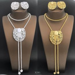 Wedding Jewelry Sets 85cm Long Chain Necklace And Earrings Set For Women Dubai Gold Silver Color Adjustable Length 2pcs 231216