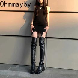 Black Long Boots For Women Fashion Zippers Square High Heel Over the Knee High Boots Winter Shoes Ladies Elegant Mordern Booties