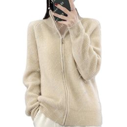 2024 Women's Y2K Cardigan Sweater, Padded Solid Wool, Zip Front, Loose Knit Bottom, Cosy Cotton Blend, Slim Fit, S-XXL, Cream Green Tan Grey White Black