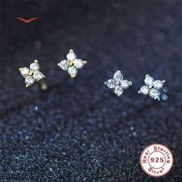 925 Sterling Silver Flower Earrings Korean Small Fresh Crystal Zircon Stud Earrings for Girl four-leaf Lucky Jewelry269w