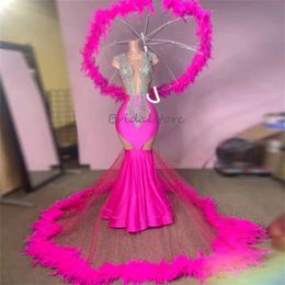 Hot Pink Prom Dress With Feather Fishtail Mermaid Diamond African Evening Gowns Elegant Black Girls Birthday Party Reception Mariage Vestio De Exclusive Promdress